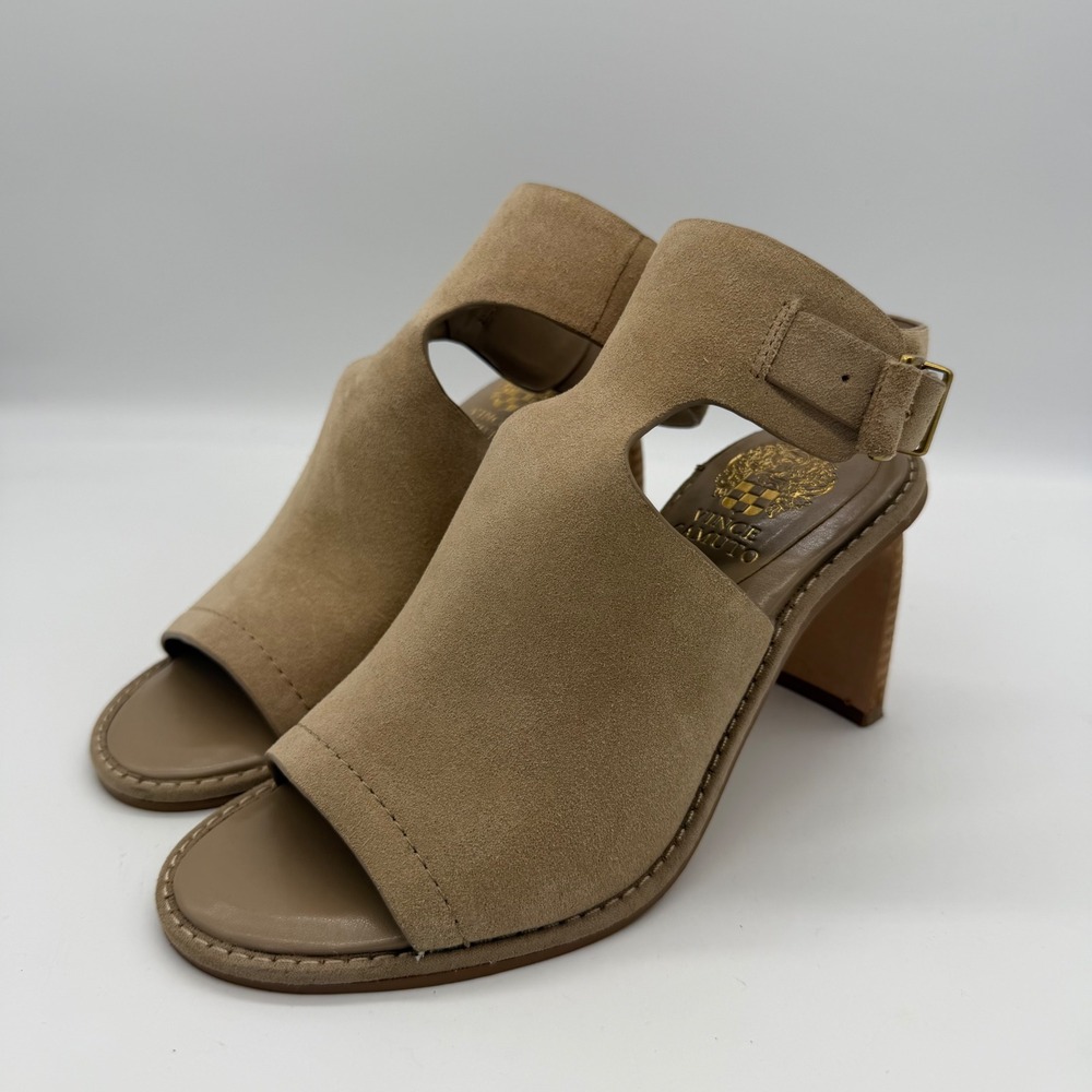 Vince Camuto Faelan Peep Toe Suede Block Heel Sandals Tan 5.5M VC-FAELAN